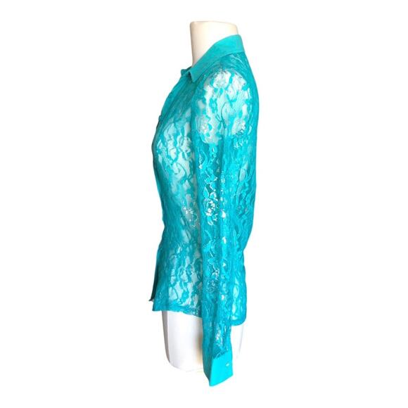 Bongo Y2K Flair Emerald Lace Subtle Silver Metallic Collar Button-Up Shirt Small - Picture 5 of 9